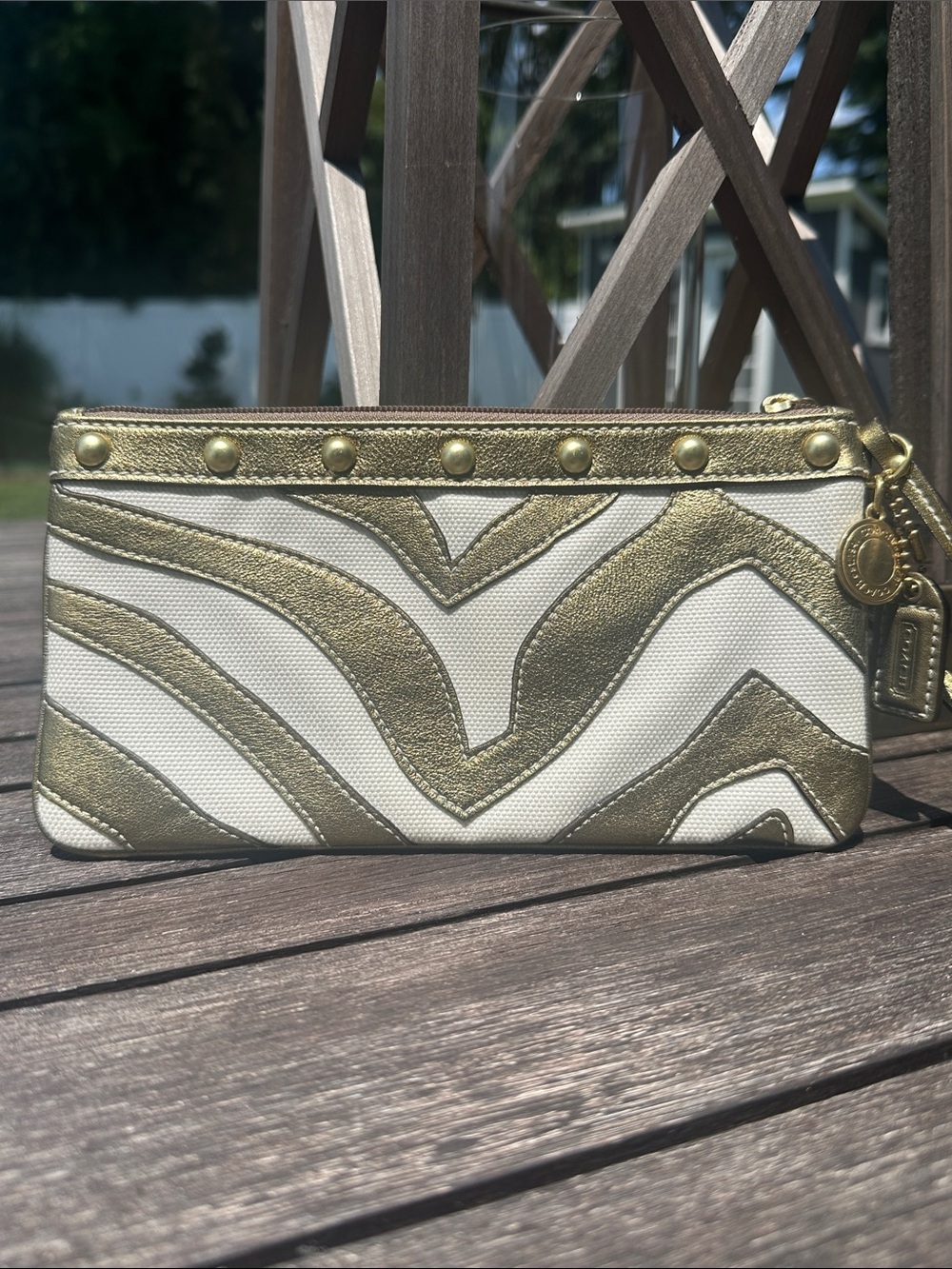 Coach Metallic Zebra Stripe Gold & Ivory Wristlet
